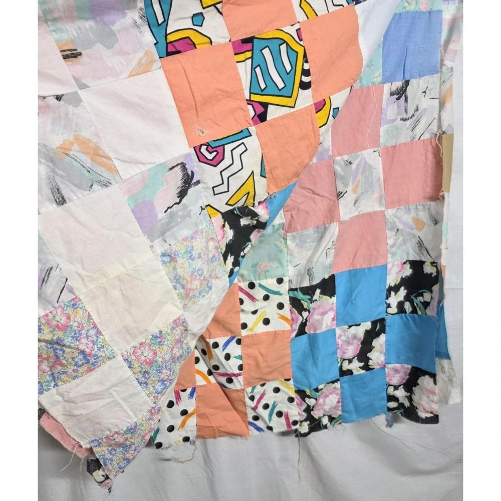 Vintage Patchwork Quilt Top 60x74 Colorful 80s Fabrics Floral Geometric